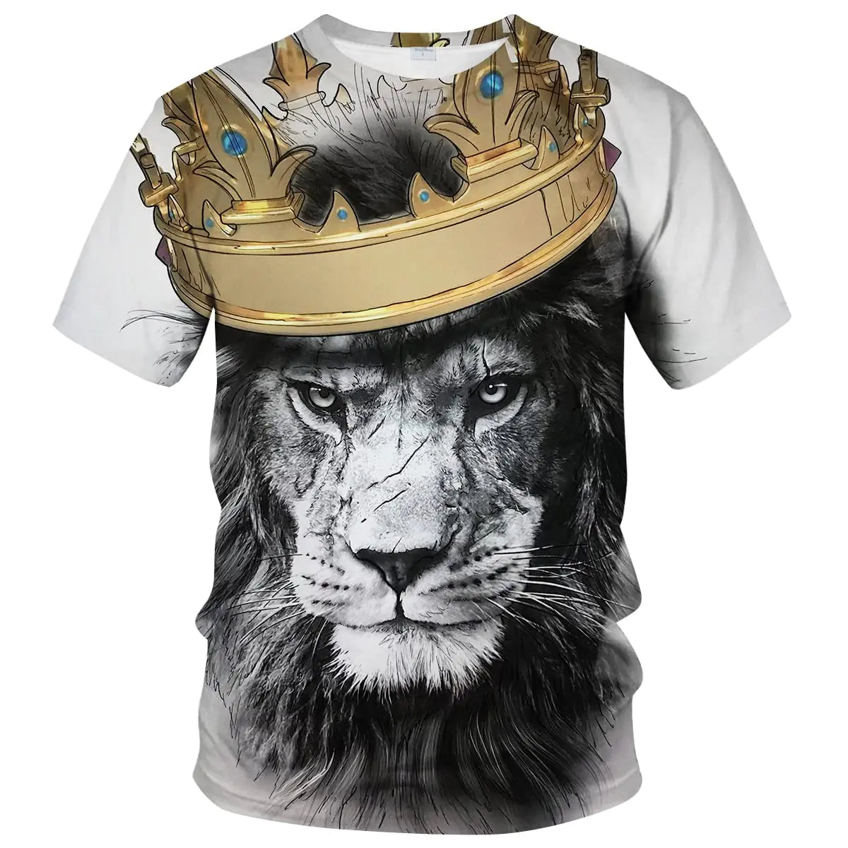 Fiswaki Lion King Mens Shirt Lion Head Wearing Crown Domineering White T-ShirtWhite14XL