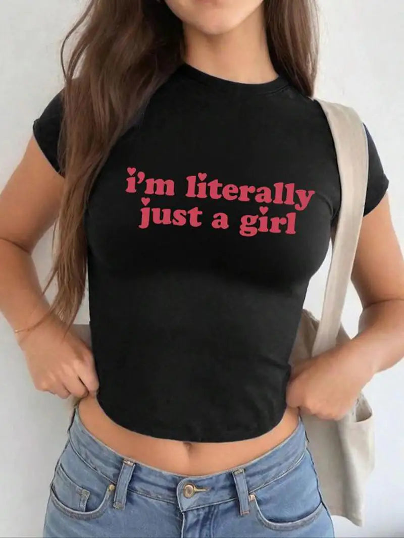 I'm literally just a girl Women'S Letter Print round Neck Graphic Tee, Vintage Trendy Casual Soft Shortsleeve T-Shirt for Daily Wear, Graphic Tees, Lady Comfort Summer Outfit