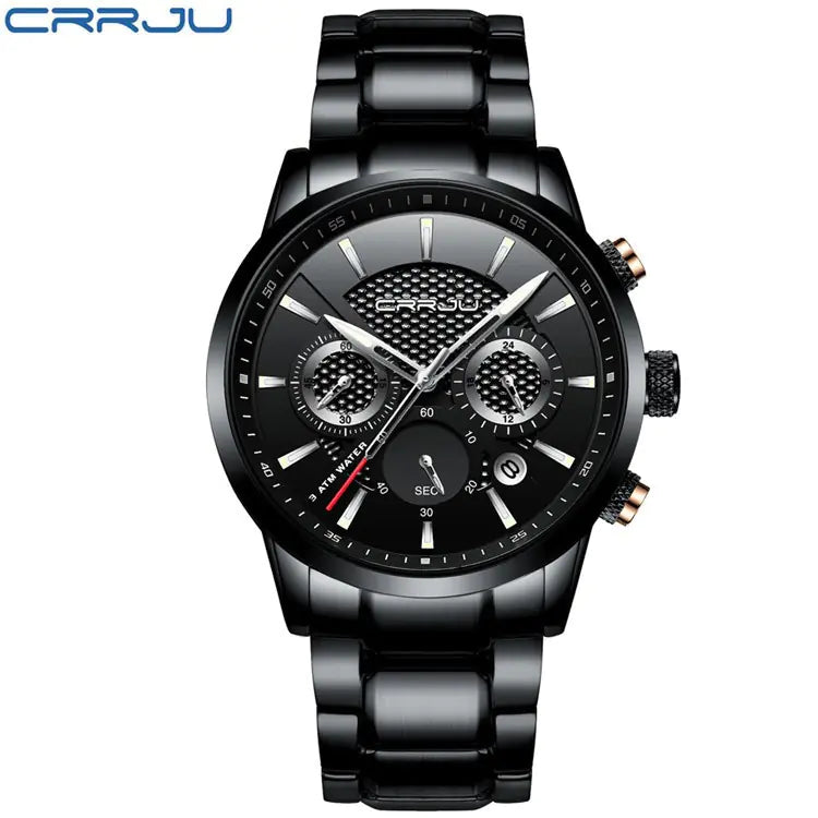 CRRJU Men's Quartz Watch with Calendar and Steel Band