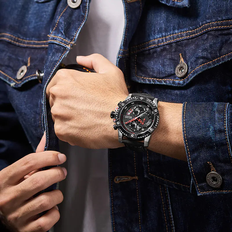 Multifunctional Leather Sports Quartz Chronograph Watch
