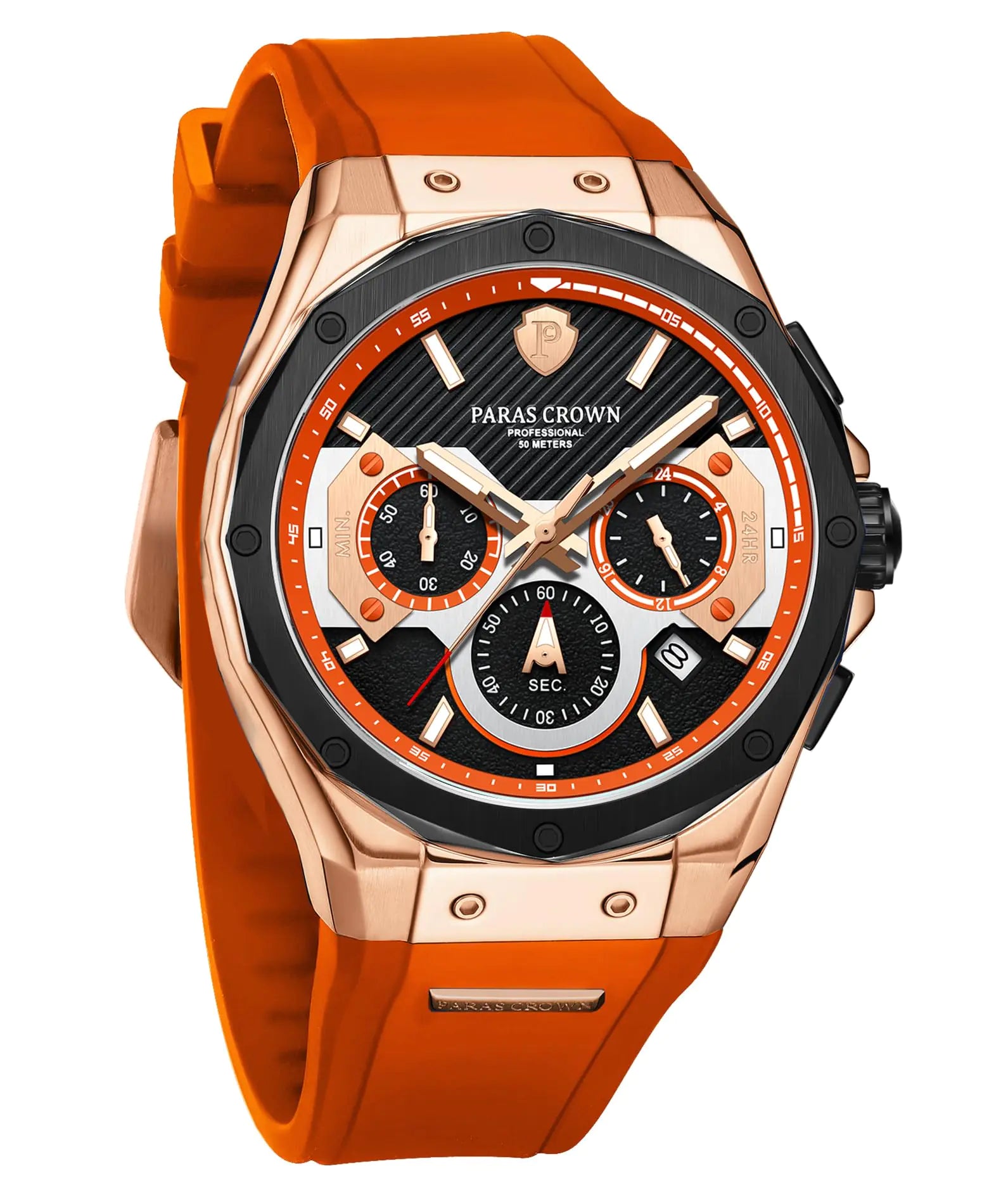 Paras Crown Mens Watches Luxury Chronograph Analog Watch 50M Waterproof Japanese Quartz Movement Stainless Steel Case Luminous Fashion Gift Watch Orange HM03-07