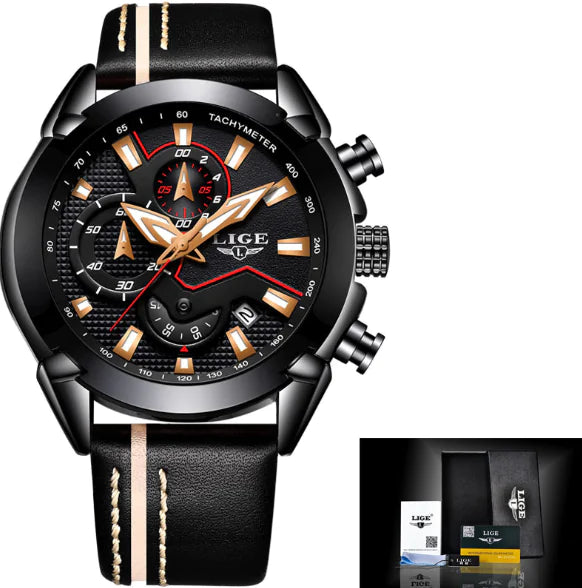 Men's Waterproof Leather Watch with Multi-Function Luminous