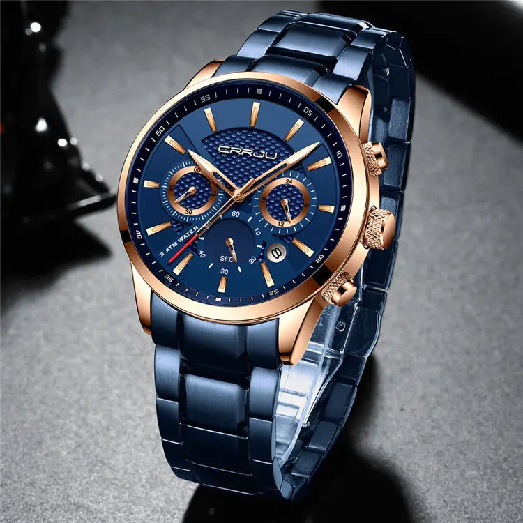 CRRJU Men's Quartz Watch with Calendar and Steel Band