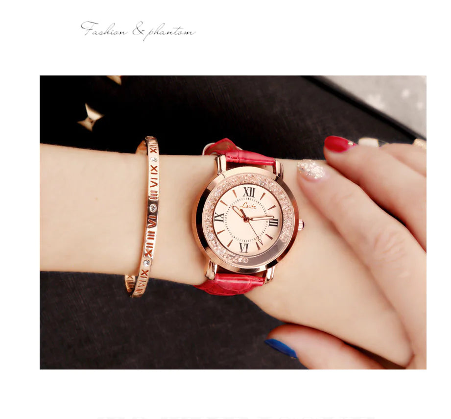 Rhinestone Women's Watch with Leather Strap and Quartz