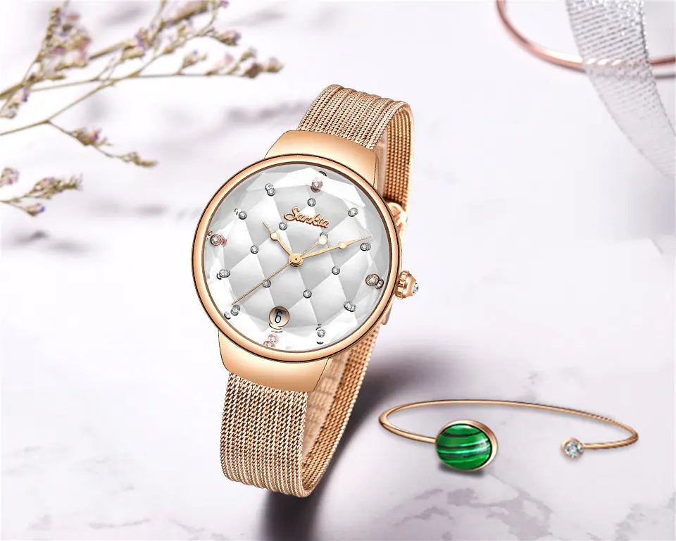 Sunkta Women's Fashion Quartz Watch with Diamond Bracelet
