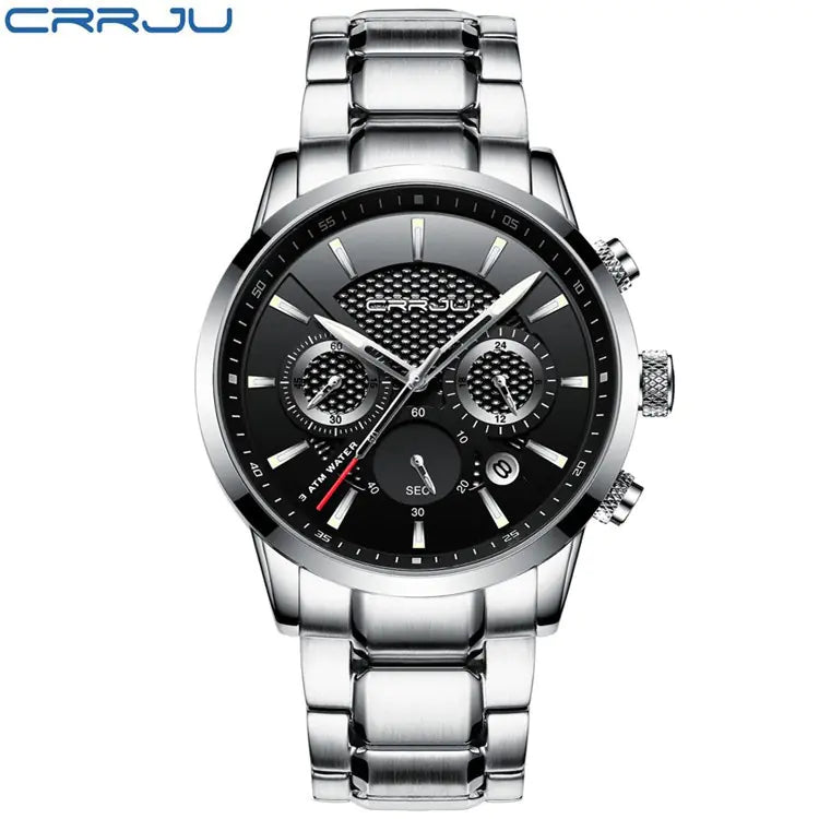 CRRJU Men's Quartz Watch with Calendar and Steel Band