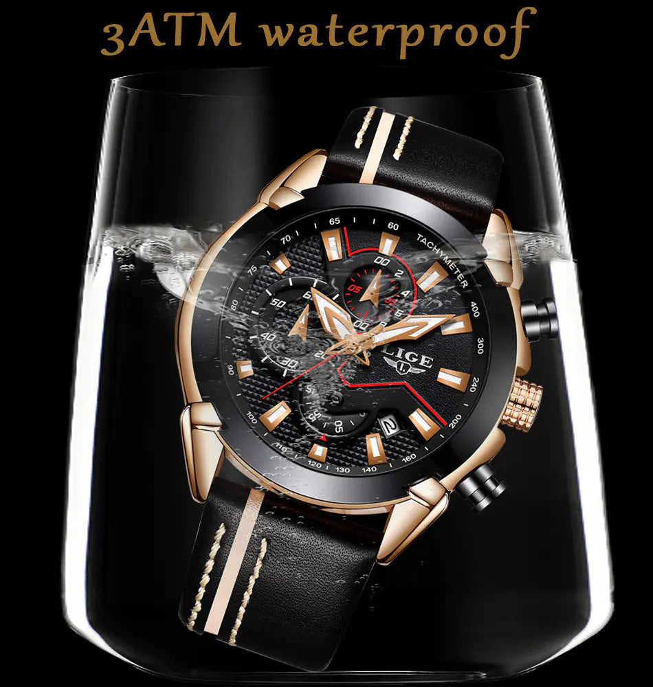 Men's Waterproof Leather Watch with Multi-Function Luminous