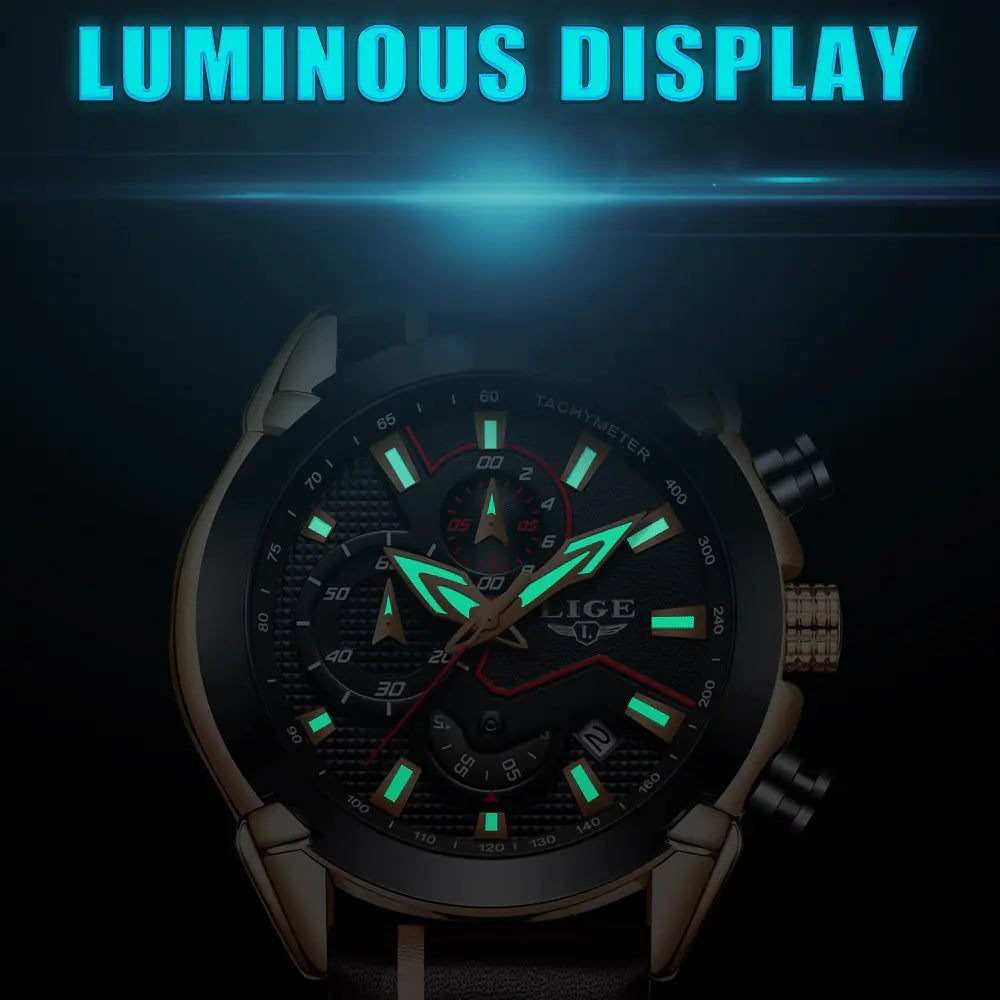 Men's Waterproof Leather Watch with Multi-Function Luminous