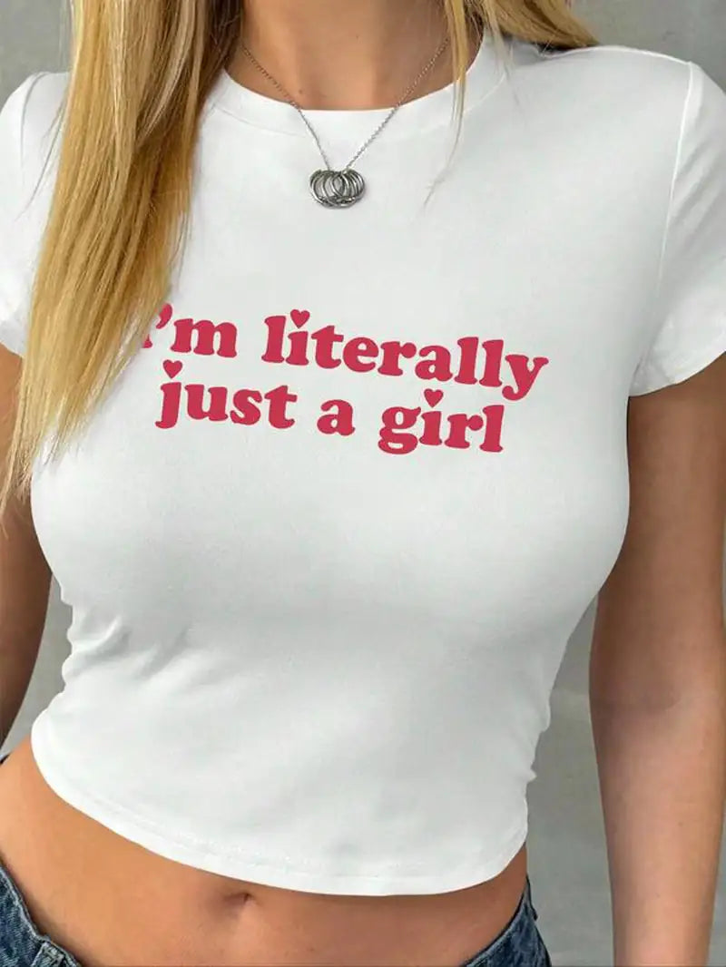 I'm literally just a girl Women'S Letter Print round Neck Graphic Tee, Vintage Trendy Casual Soft Shortsleeve T-Shirt for Daily Wear, Graphic Tees, Lady Comfort Summer Outfit