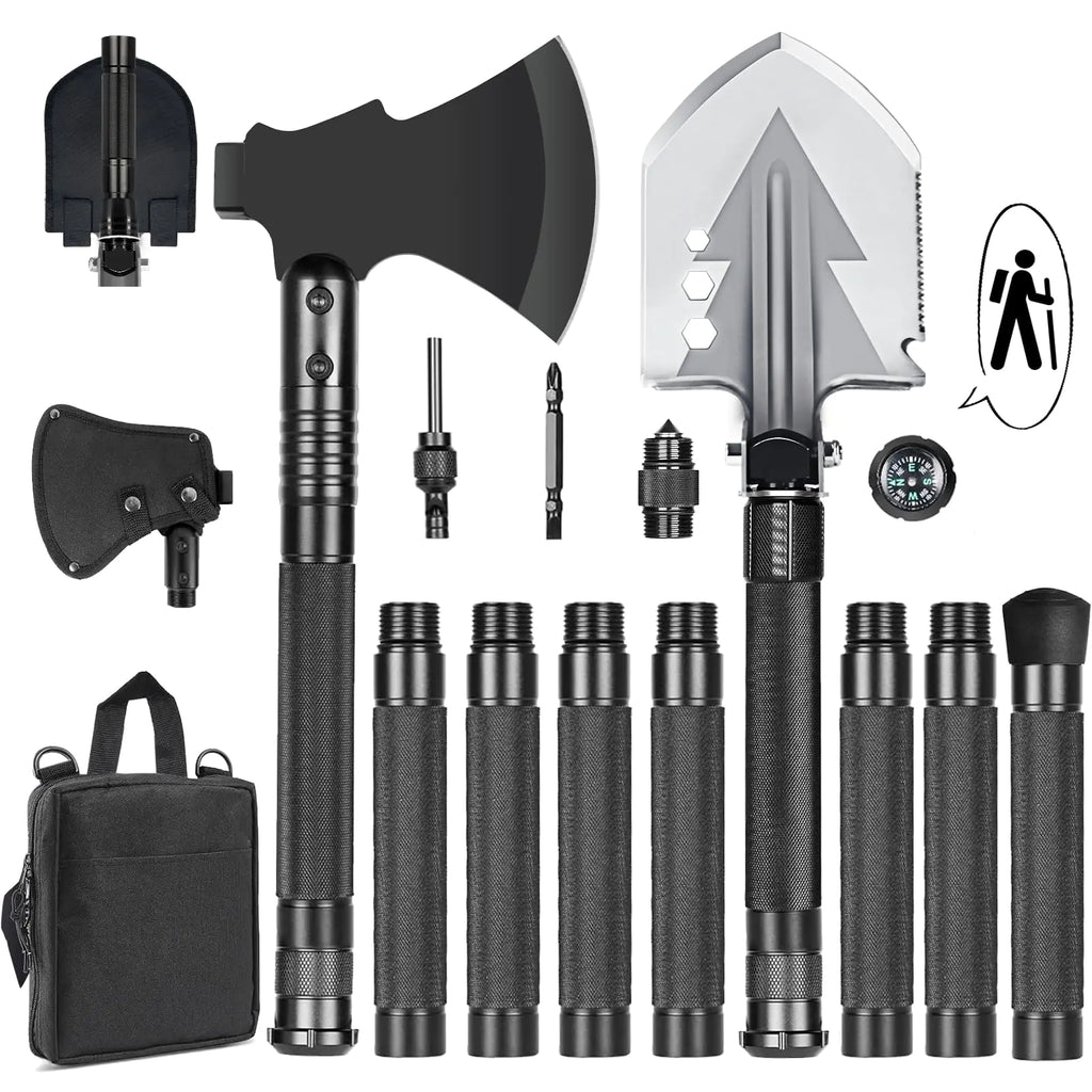 GOJAWAY 20 in 1 Multitool Survival kit Camping Shovel Military Axe 55" Trekking Pole Foldable Spade with Portable Bag and Hatchet for Car Emergency Offroad Entrenching Tool