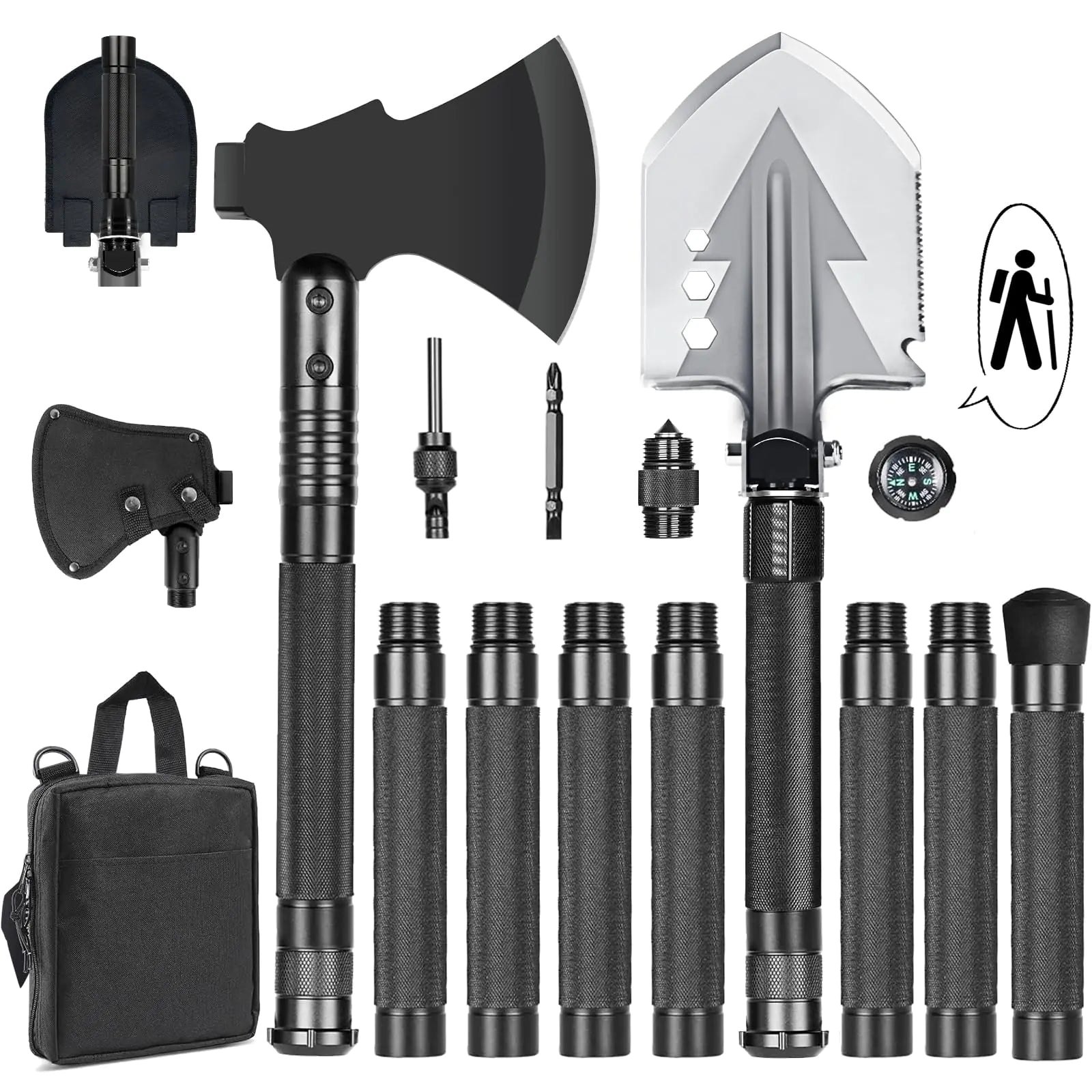 GOJAWAY 20 in 1 Multitool Survival kit Camping Shovel Military Axe 55" Trekking Pole Foldable Spade with Portable Bag and Hatchet for Car Emergency Offroad Entrenching Tool