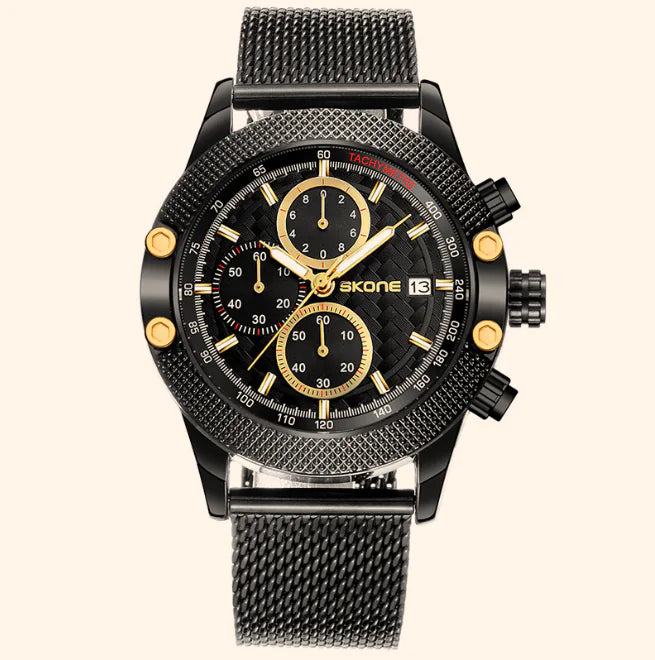 Men's Quartz Watch with Sport Calendar and Steel Band