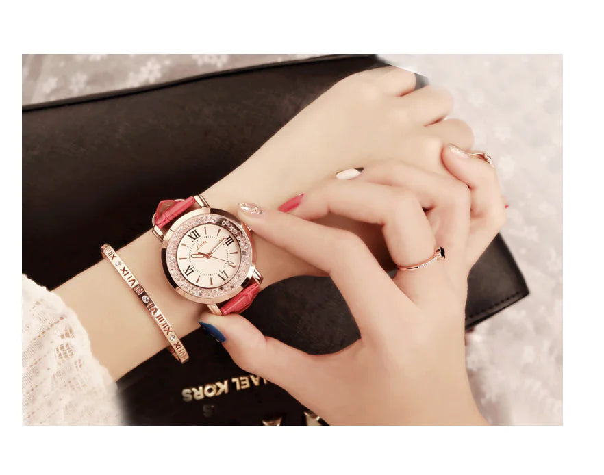 Rhinestone Women's Watch with Leather Strap and Quartz