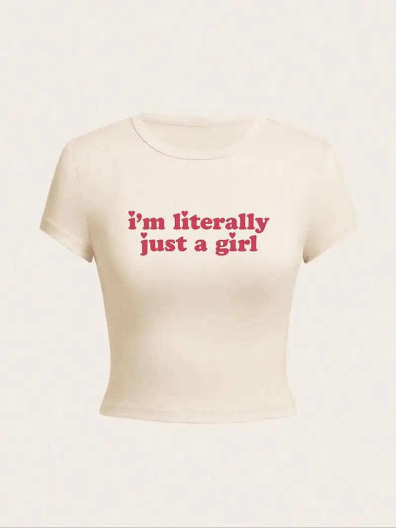 I'm literally just a girl Women'S Letter Print round Neck Graphic Tee, Vintage Trendy Casual Soft Shortsleeve T-Shirt for Daily Wear, Graphic Tees, Lady Comfort Summer Outfit