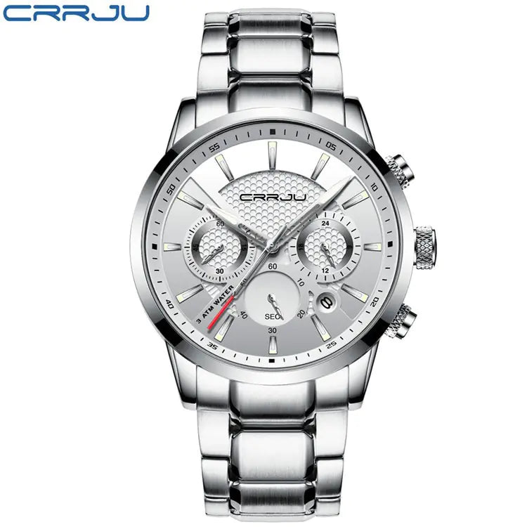 CRRJU Men's Quartz Watch with Calendar and Steel Band