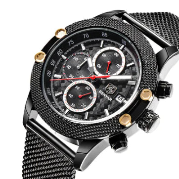 Men's Quartz Watch with Sport Calendar and Steel Band
