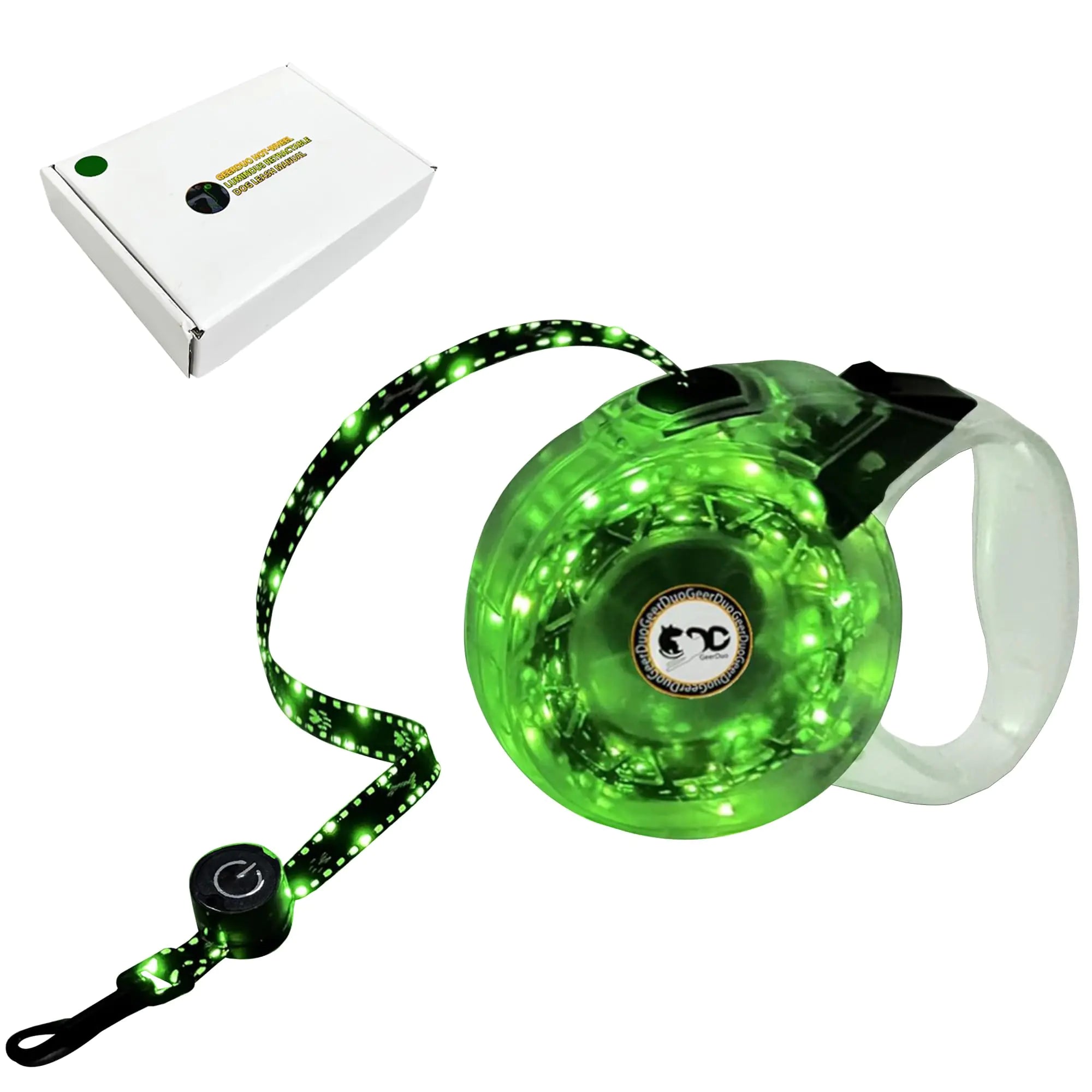 GeerDuo Retractable Light Up Dog Leash 10 FT Heavy LED Light Up Dog Leash for Small Medium Dog Ergonomic Comfort Handle One-Button Lock (Green)