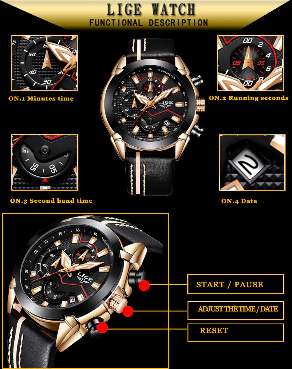 Men's Waterproof Leather Watch with Multi-Function Luminous