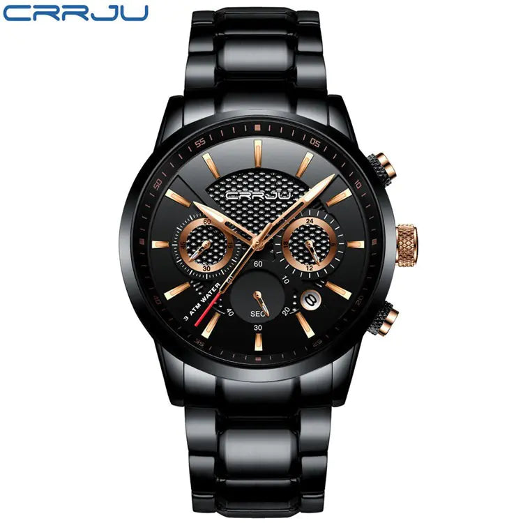 CRRJU Men's Quartz Watch with Calendar and Steel Band