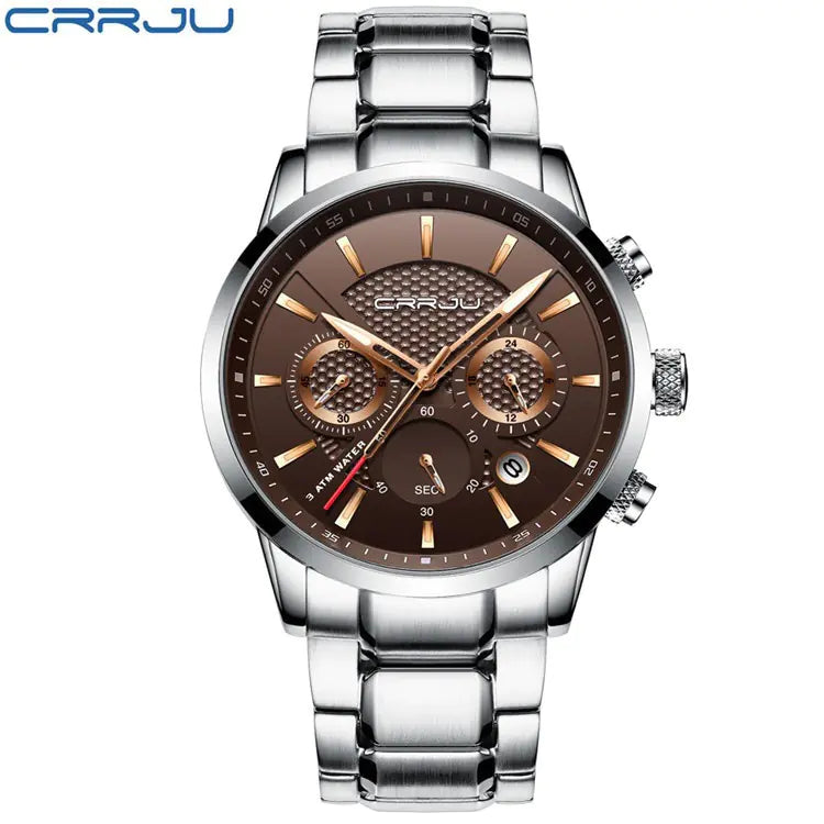 CRRJU Men's Quartz Watch with Calendar and Steel Band