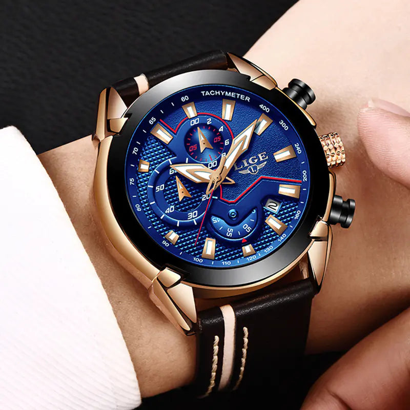 Men's Waterproof Leather Watch with Multi-Function Luminous