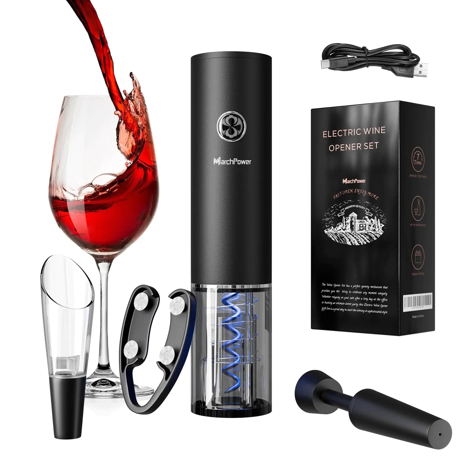 Marchpower Electric Wine Bottle Opener Set Portable Cordless Rechargable Automatic Corkscrew Opener with Aerator Pourer Foil Cutter Vacuum Preservation Stopper and Type C Cable for Wine Lover Gift