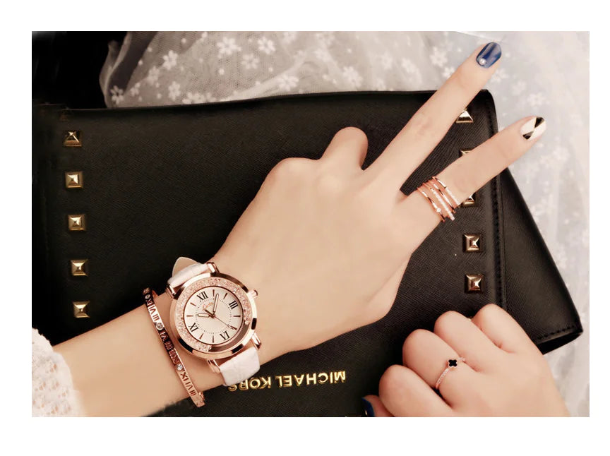 Rhinestone Women's Watch with Leather Strap and Quartz