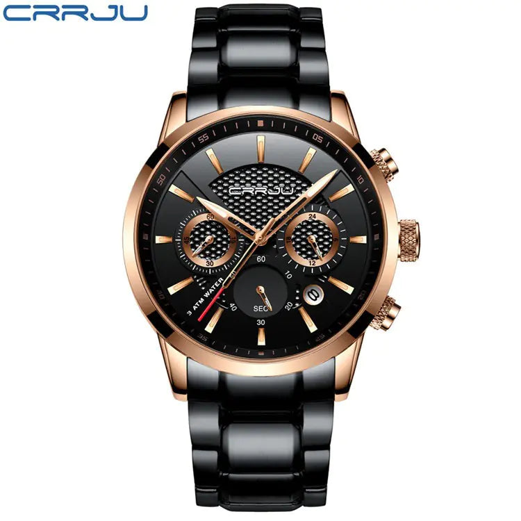 CRRJU Men's Quartz Watch with Calendar and Steel Band