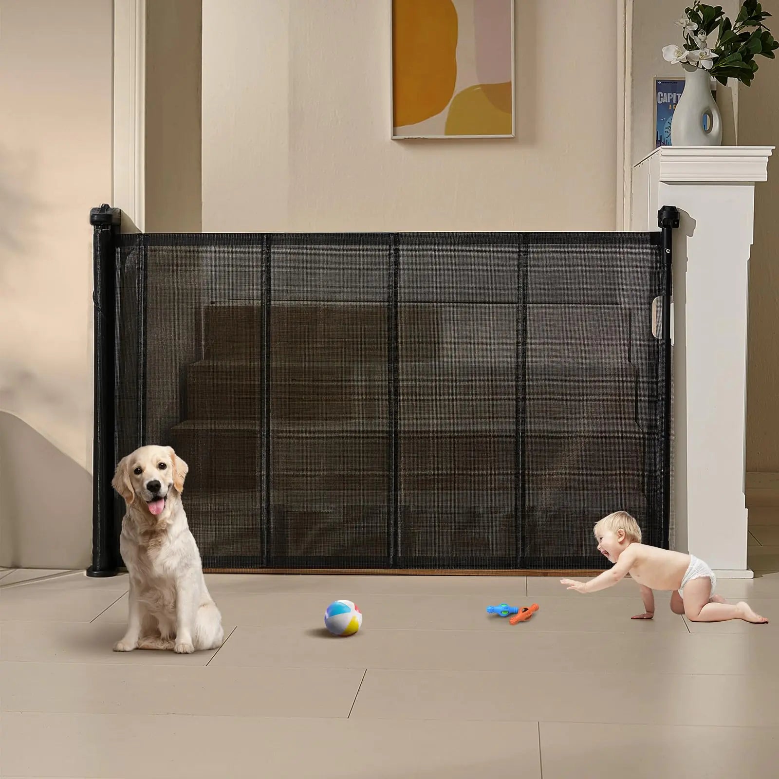 VEVOR Baby Gate Dog Gate Retractable for Stairs Indoor Extends up to 60" Wide Mesh Dog Gate for Doorways 34" Tall Safety Dog Gates for The House Easy to Use Pet Gate for Stairway & Ourdoors Black
