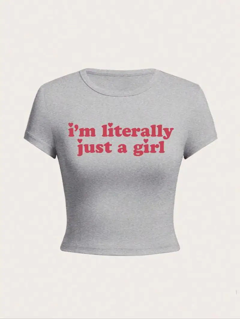 I'm literally just a girl Women'S Letter Print round Neck Graphic Tee, Vintage Trendy Casual Soft Shortsleeve T-Shirt for Daily Wear, Graphic Tees, Lady Comfort Summer Outfit