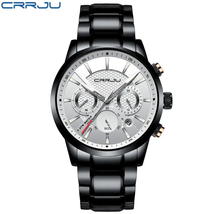 CRRJU Men's Quartz Watch with Calendar and Steel Band