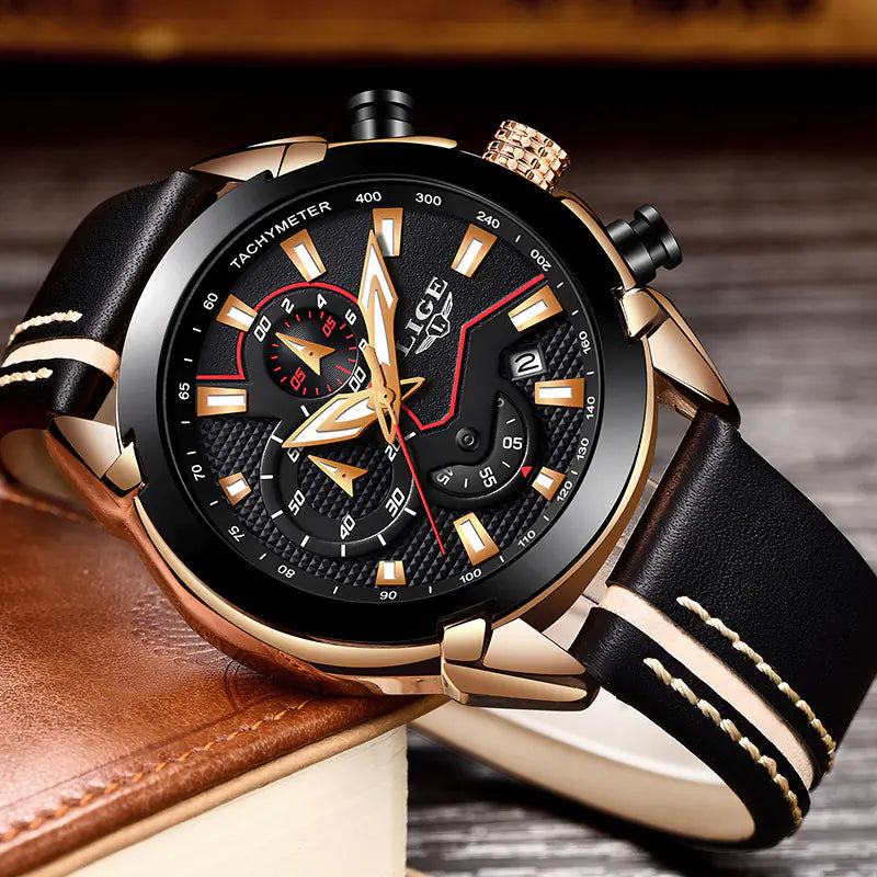 Men's Waterproof Leather Watch with Multi-Function Luminous