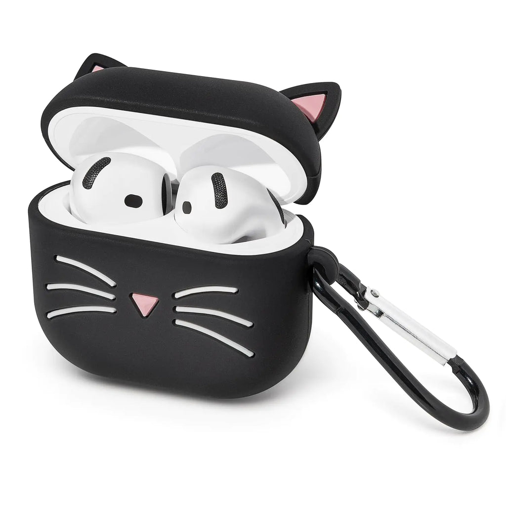 Mouzor for AirPods 4 Case Cute Black Whisker Cat AirPods 4th Generation (2024) Case Funny 3D Cartoon Animal Shockproof Soft Silicone Charging Case Cover with Carabiner for Kids Girls Women