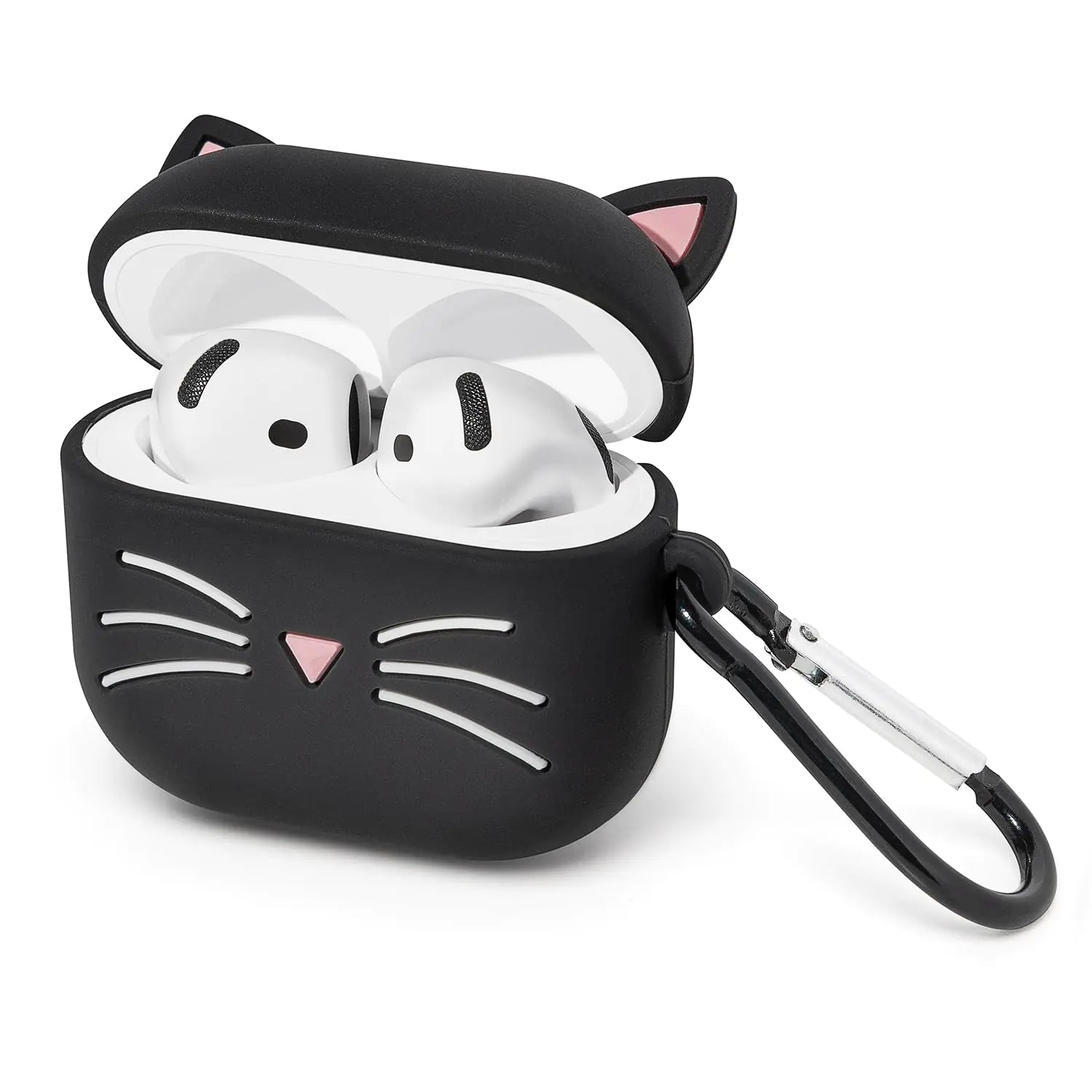 Mouzor for AirPods 4 Case Cute Black Whisker Cat AirPods 4th Generation (2024) Case Funny 3D Cartoon Animal Shockproof Soft Silicone Charging Case Cover with Carabiner for Kids Girls Women
