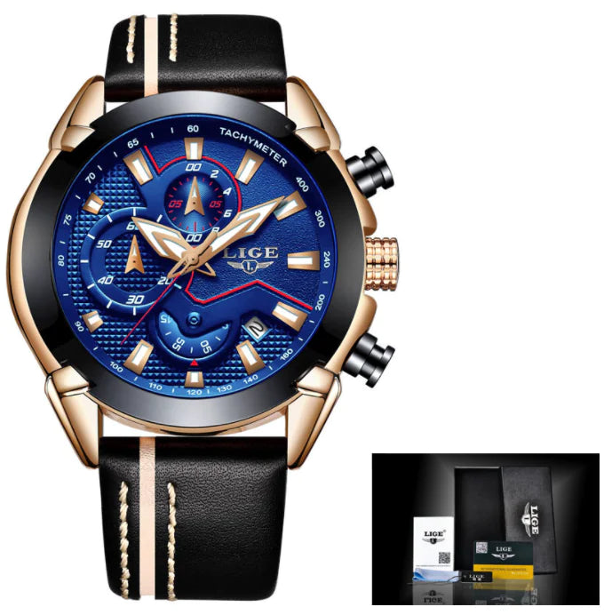 Men's Waterproof Leather Watch with Multi-Function Luminous