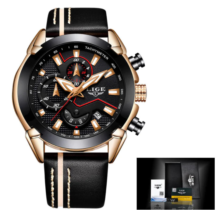 Men's Waterproof Leather Watch with Multi-Function Luminous