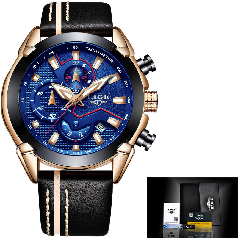 Men's Waterproof Leather Watch with Multi-Function Luminous