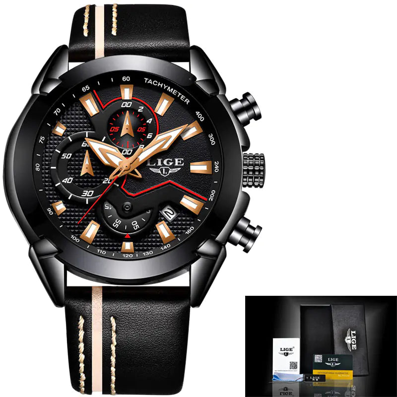 Men's Waterproof Leather Watch with Multi-Function Luminous