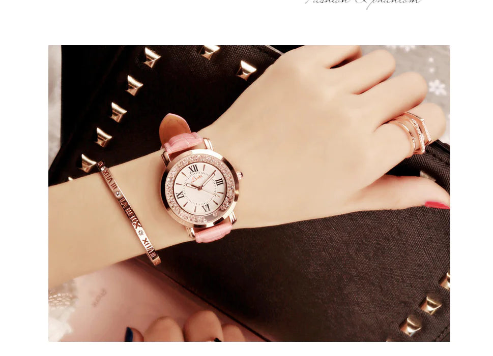 Rhinestone Women's Watch with Leather Strap and Quartz