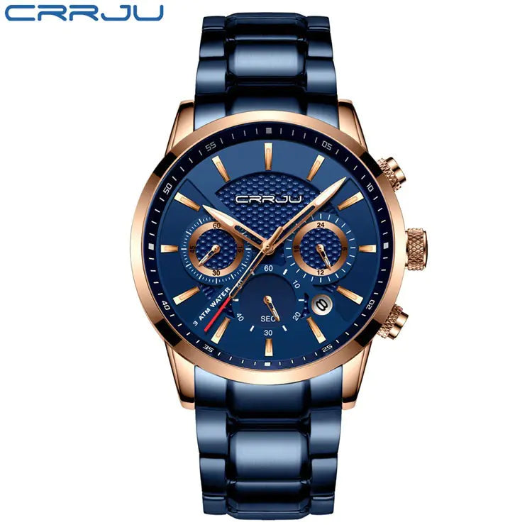 CRRJU Men's Quartz Watch with Calendar and Steel Band