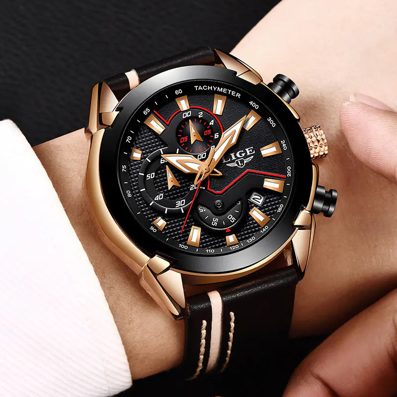 Men's Waterproof Leather Watch with Multi-Function Luminous