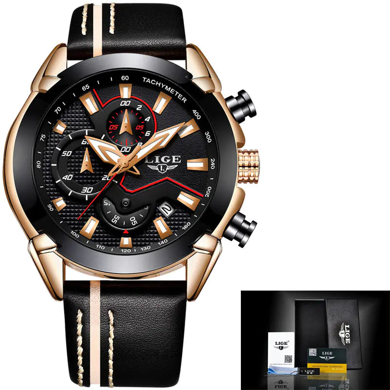 Men's Waterproof Leather Watch with Multi-Function Luminous