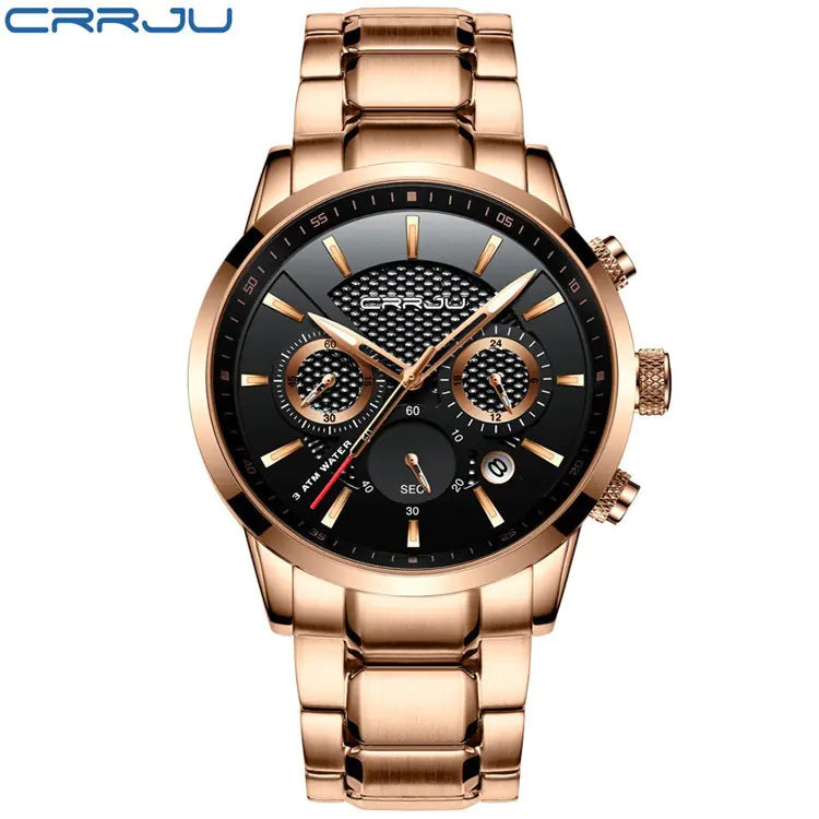CRRJU Men's Quartz Watch with Calendar and Steel Band