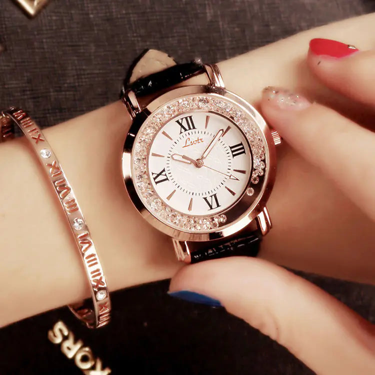Rhinestone Women's Watch with Leather Strap and Quartz