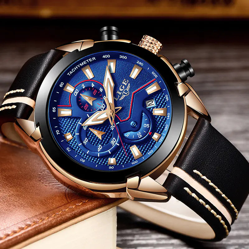 Men's Waterproof Leather Watch with Multi-Function Luminous