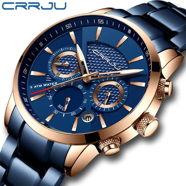 CRRJU Men's Quartz Watch with Calendar and Steel Band