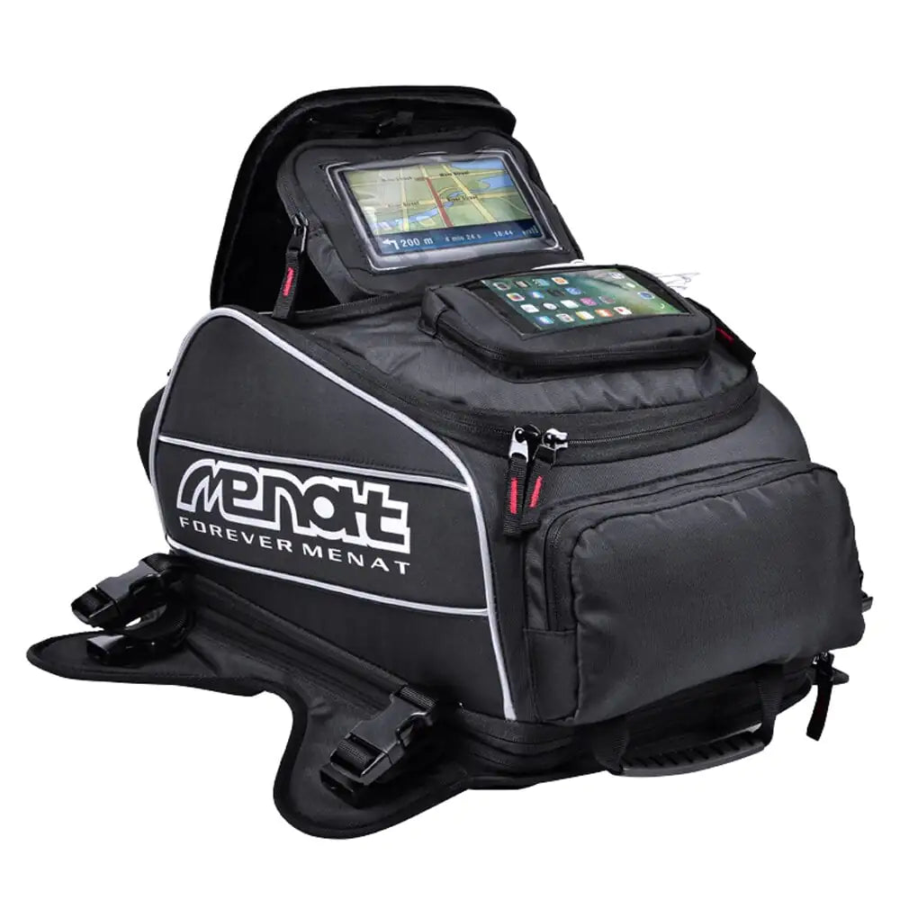 Black motorcycle bag with a tablet and phone mount. Carrying handle, detachable.